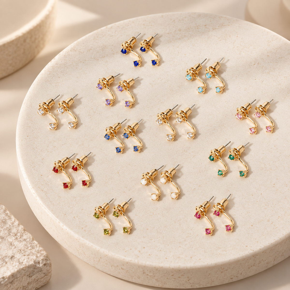 Gold Double Stone Stud Birthstone Earrings