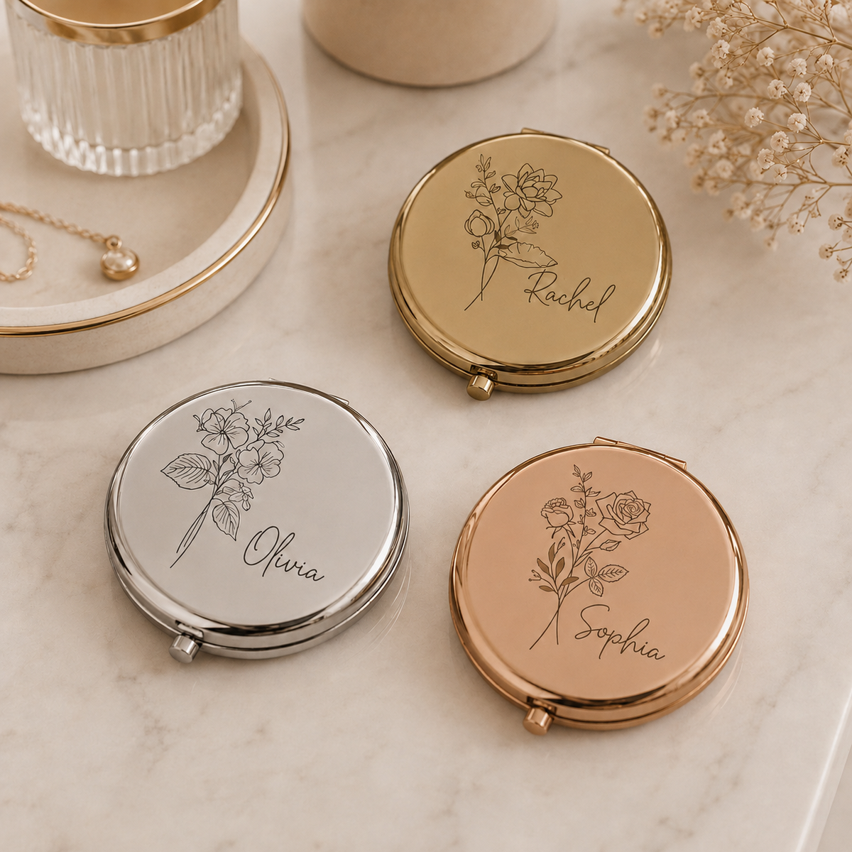 Personalized Birth Flower Name Compact Mirror