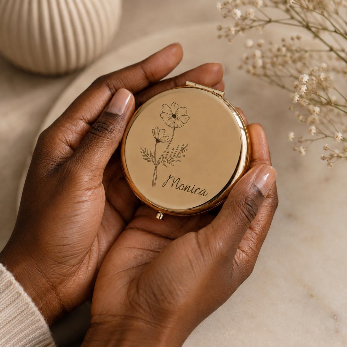 Personalized Birth Flower Name Compact Mirror