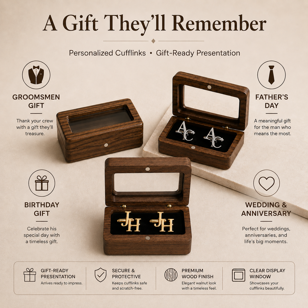 Personalized Engraved Cufflinks Gift Set with Walnut Box