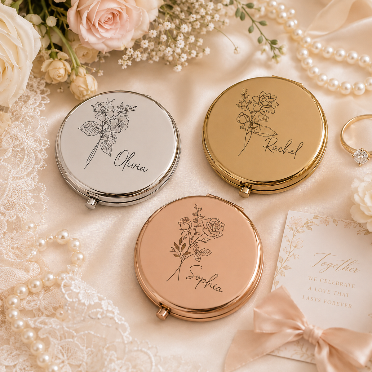 Personalized Birth Flower Name Compact Mirror