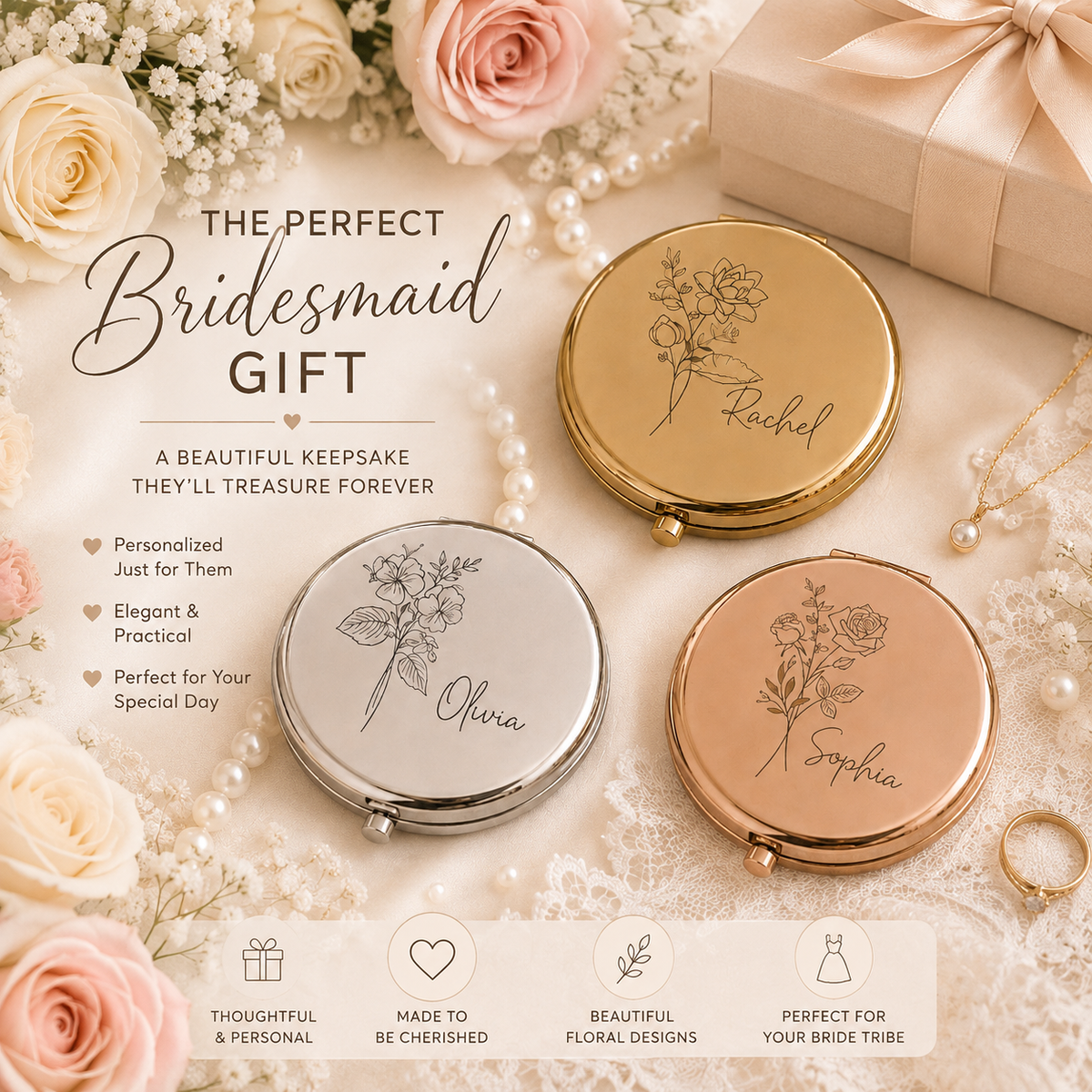 Personalized Birth Flower Name Compact Mirror