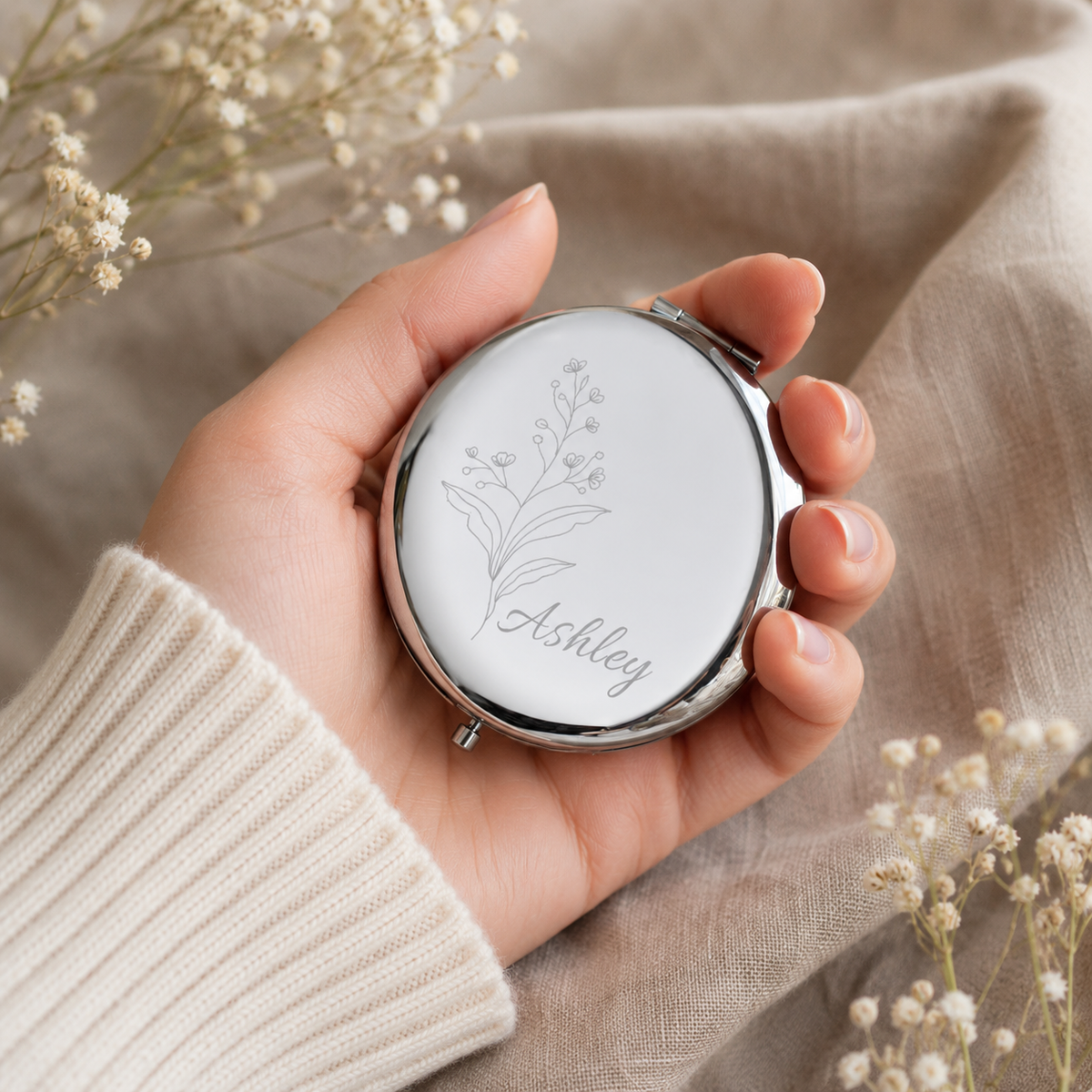 Personalized Birth Flower Name Compact Mirror