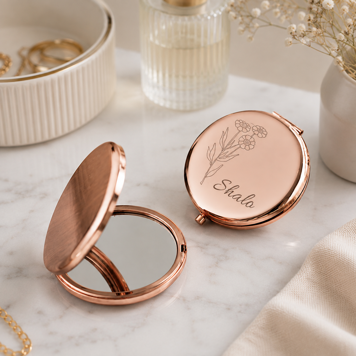 Personalized Birth Flower Name Compact Mirror