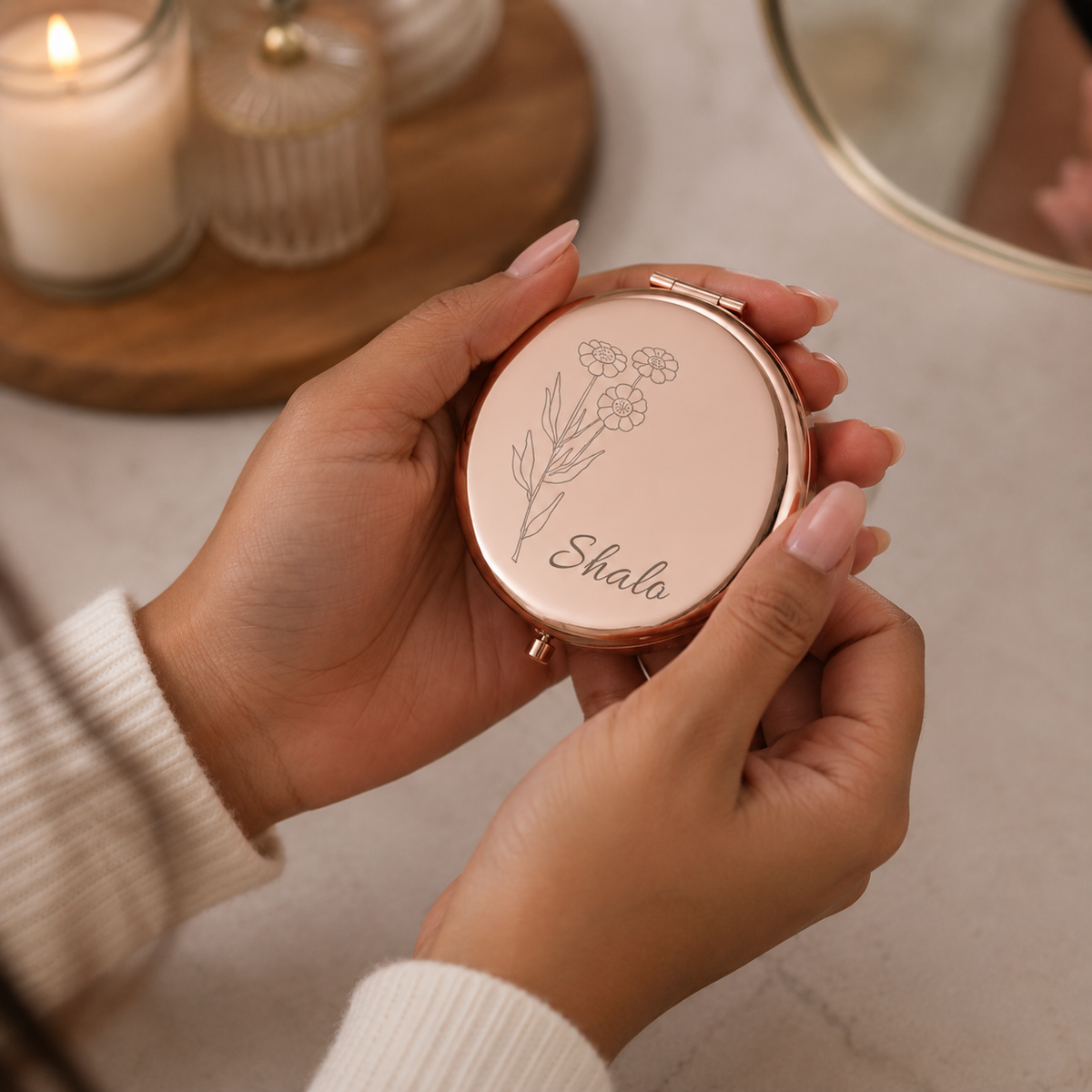 Personalized Birth Flower Name Compact Mirror