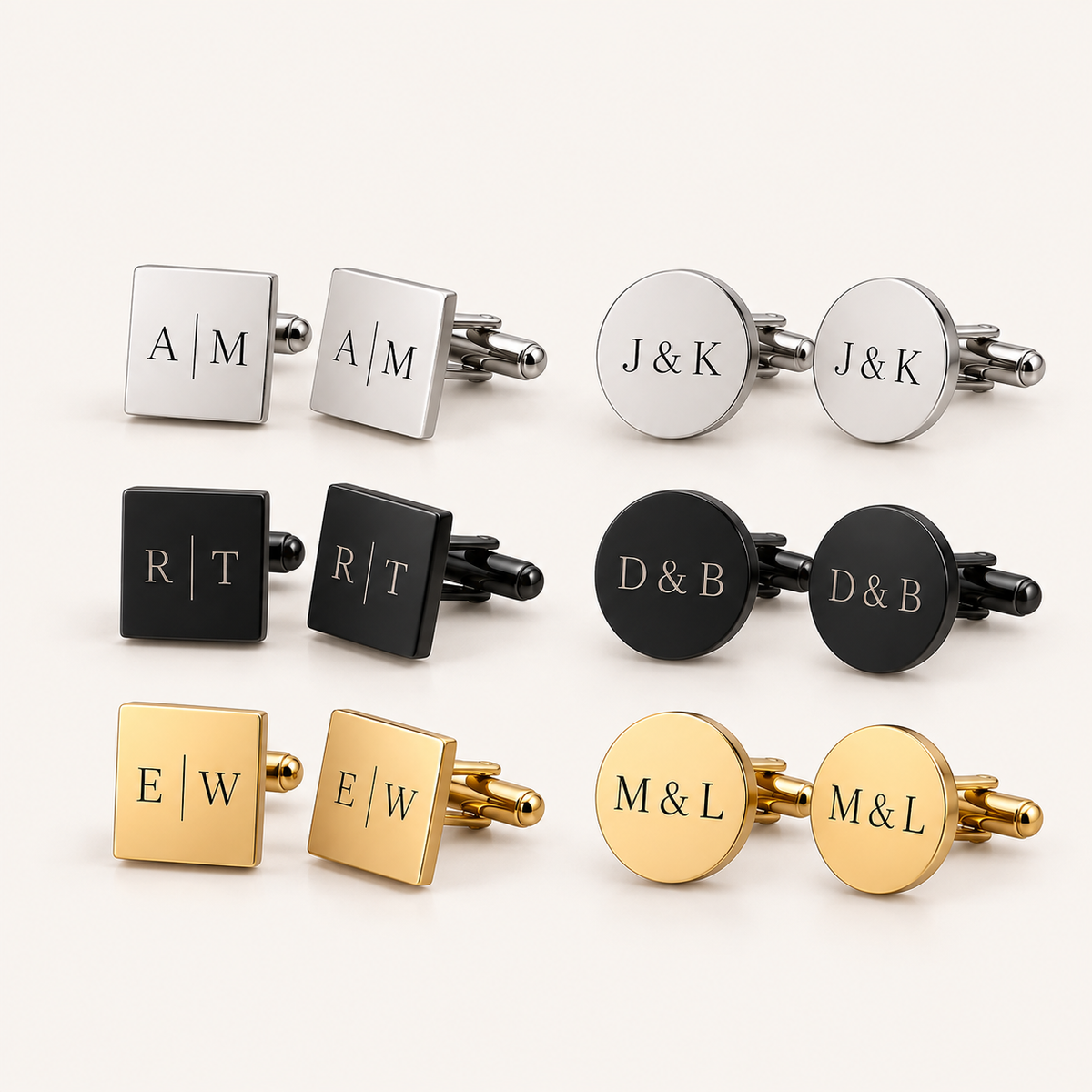 Nine pairs of personalized cufflinks arranged in a 3x3 grid on a light cream background. The set includes silver, black, and gold-toned cufflinks, with some featuring square faces and others round.
