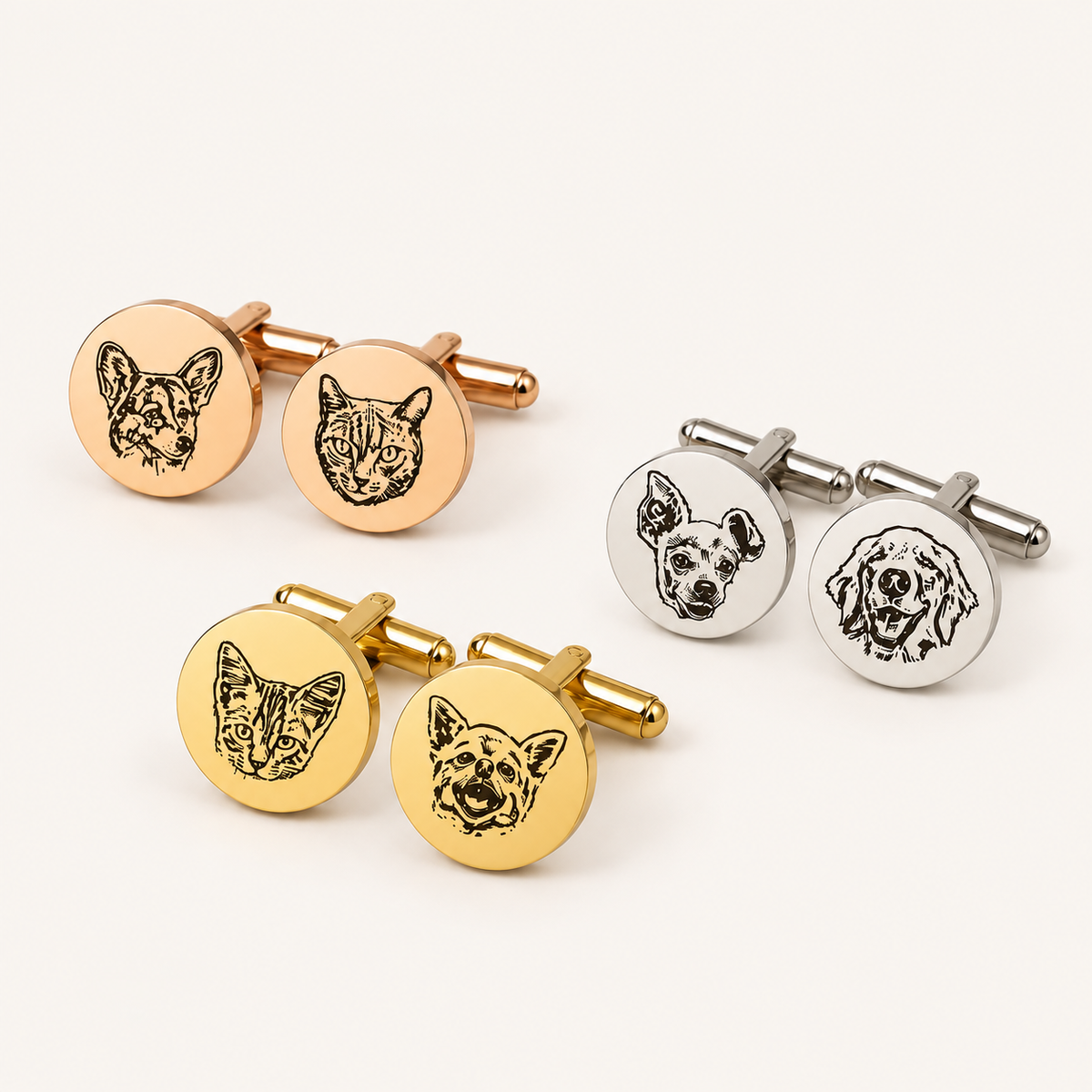 Four round cufflinks with engraved dog and cat portraits, shown in gold, silver, and rose gold finishes on a clean white background.