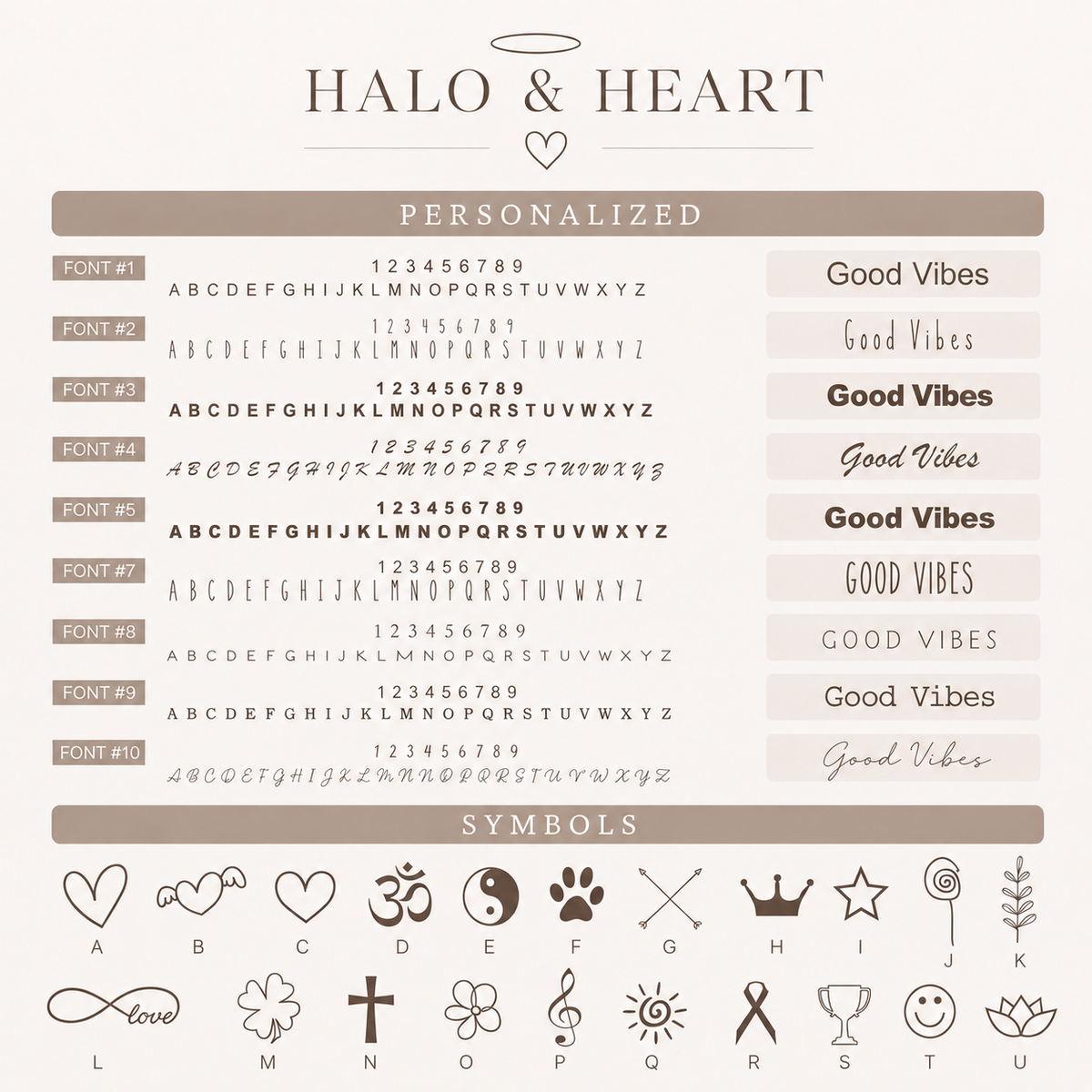 A digital preview sheet for the 'Halo & Heart' personalized font and symbol pack, showing multiple font styles, numbers, letters, and various icons like a heart, clover, and crown on a beige background.