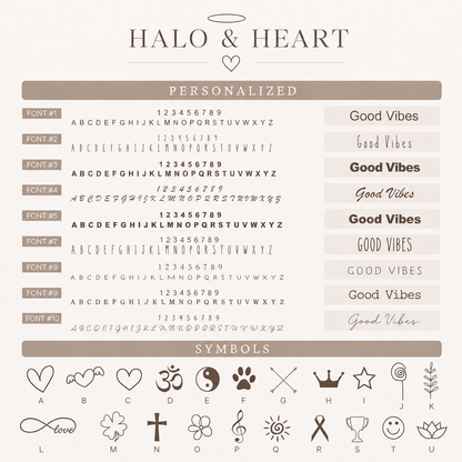 A digital preview sheet for the 'Halo & Heart' personalized font and symbol pack, showing multiple font styles, numbers, letters, and various icons like a heart, clover, and crown on a beige background.