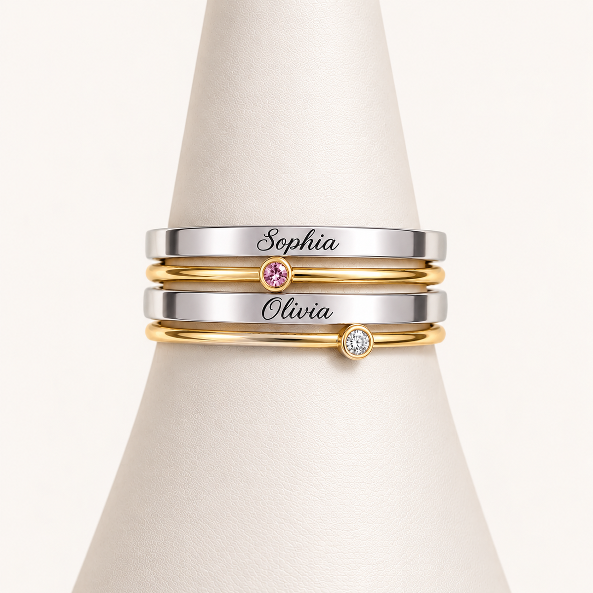 Personalized Engraved Birthstone Stacking Rings
