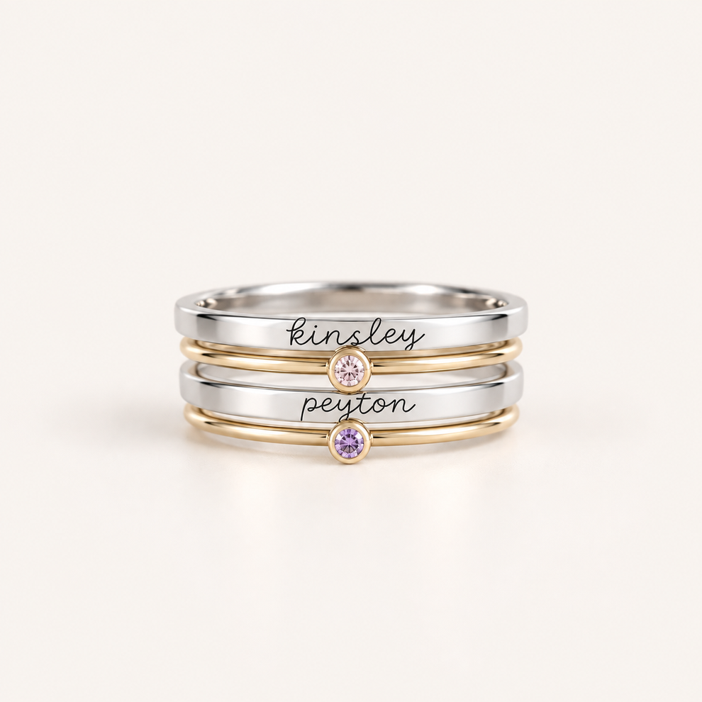 Personalized Engraved Birthstone Stacking Rings – Custom Jewelry – Halo ...