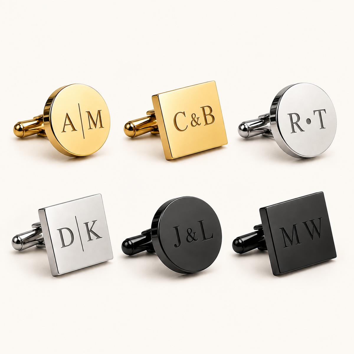 Six personalized cufflinks arranged in two rows on a light cream background. The top row features three round gold-tone cufflinks with engraved initials: 'A|M', 'C&B', and 'R|T'.