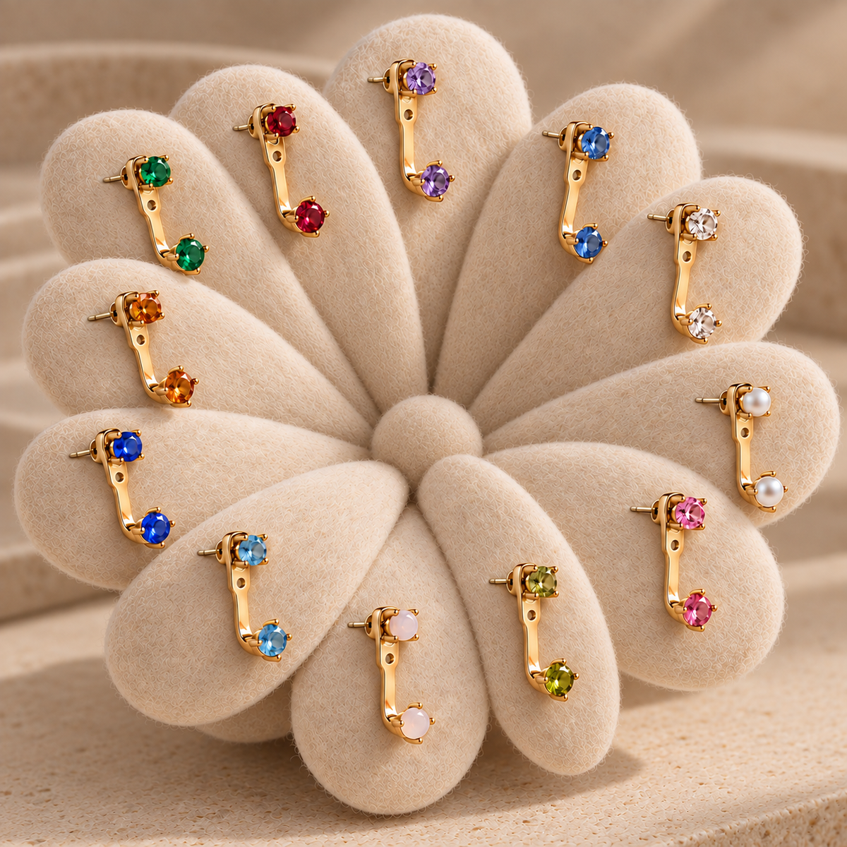 Gold Double Stone Stud Birthstone Earrings
