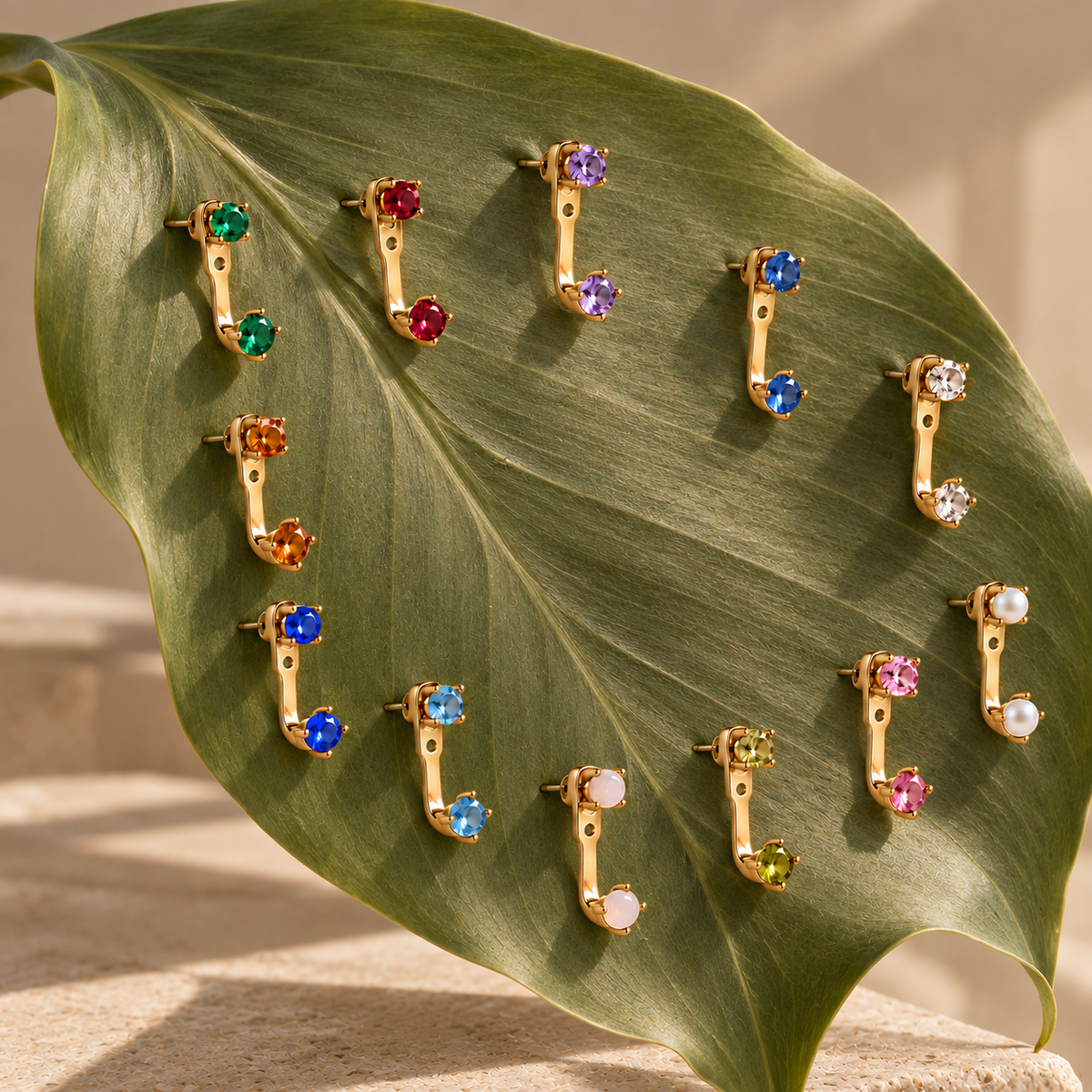 Gold Double Stone Stud Birthstone Earrings