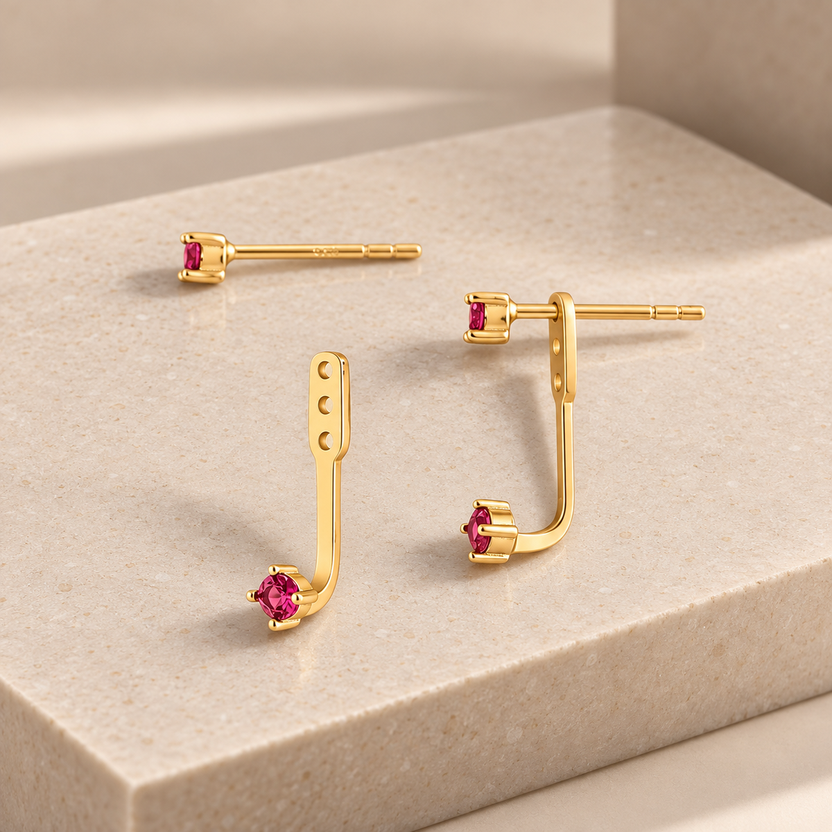 Gold Double Stone Stud Birthstone Earrings