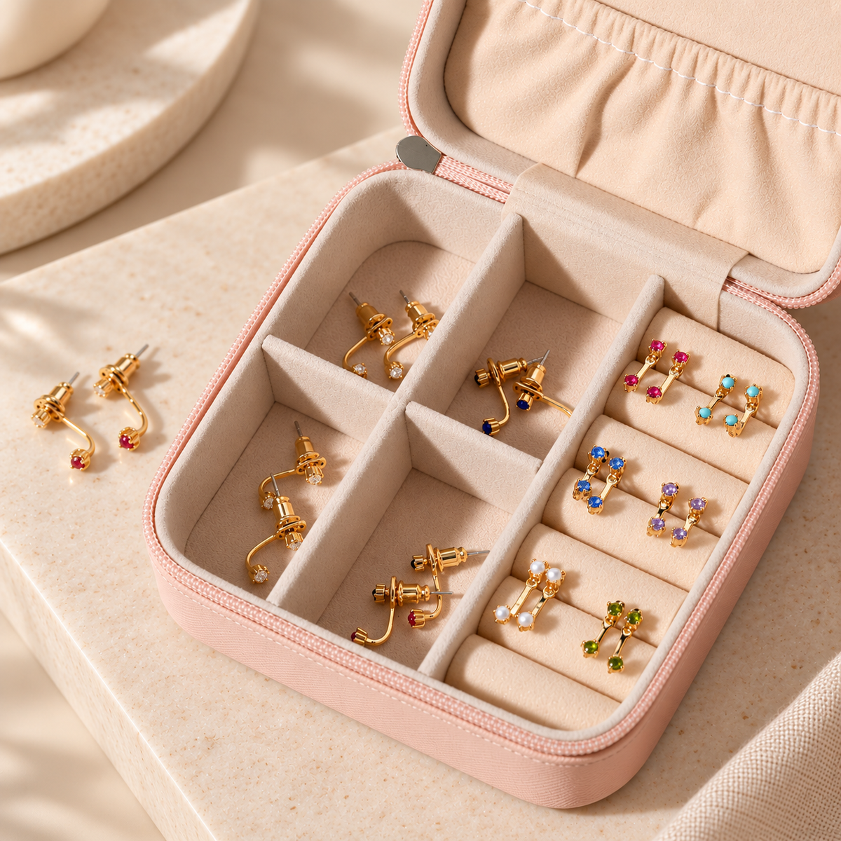 Gold Double Stone Stud Birthstone Earrings