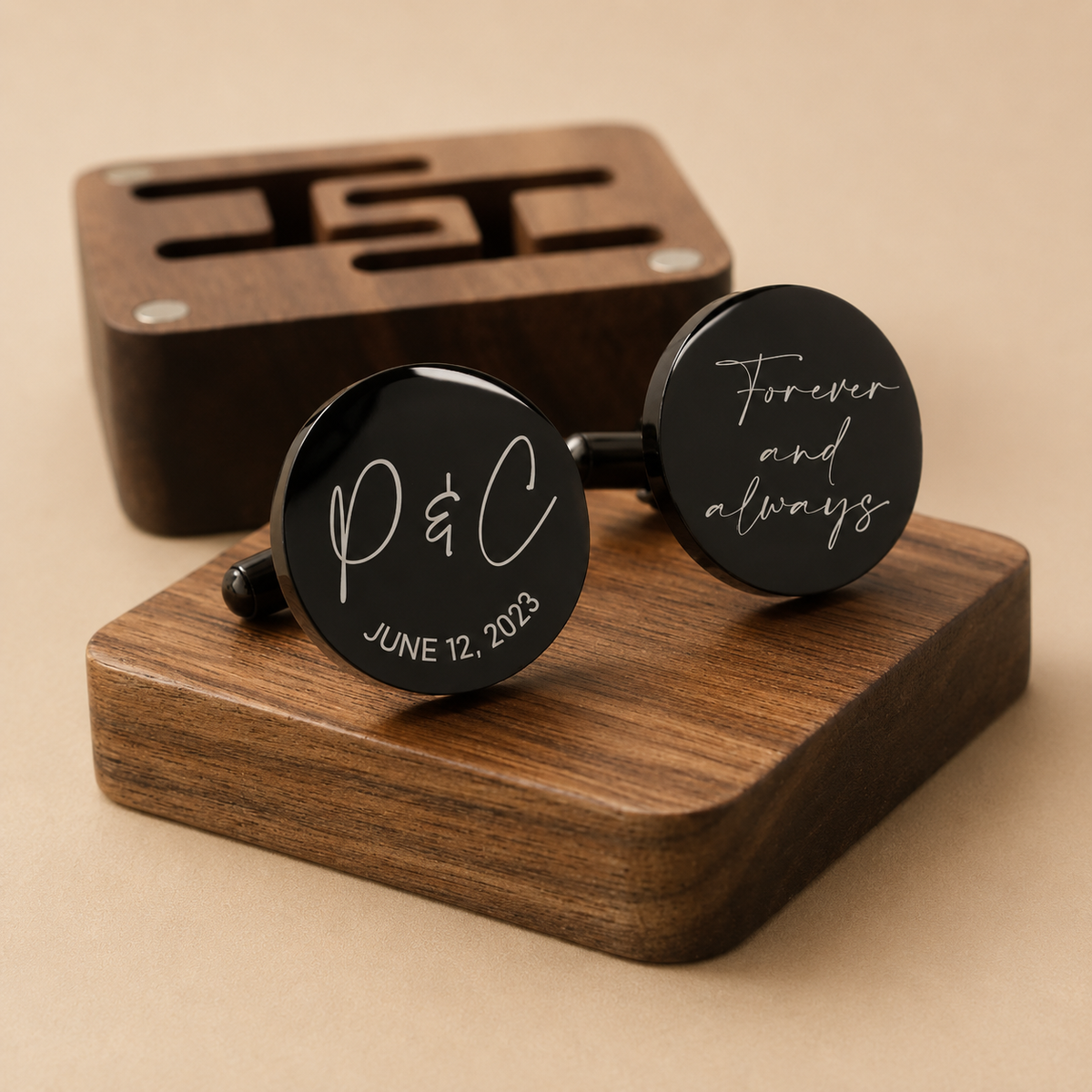 Personalized Engraved Large Cufflinks & Wood Gift Box