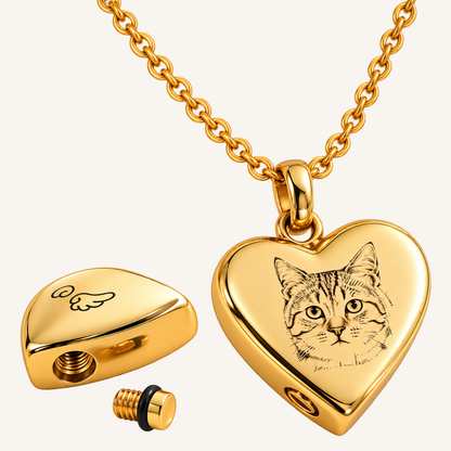 Gold heart-shaped pet urn necklace with a cat portrait engraved on the front, shown with the lid and screw cap beside it on a light cream background.